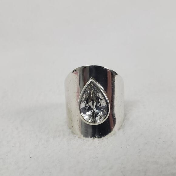 Estate Vintage Wide Sterling Silver Teardrop Sparkly Quartz Crystal Size 8 Ring - Picture 3 of 12